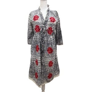 Odd Molly Embroidered Kimono Style Dress Red Roses Black White Pattern Size 3 L